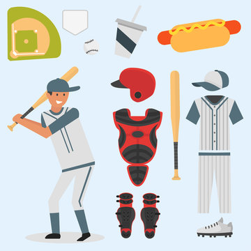 Cartoon baseball player icons batting vector design american game athlete sport league equipment
