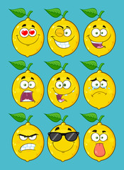 Yellow Lemon Fruit Cartoon Emoji Face Character Set 1. Collection With Blue Background