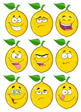 Yellow Lemon Fruit Cartoon Emoji Face Character Set 2. Collection Isolated On White Background 