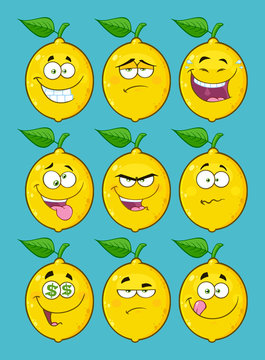 Yellow Lemon Fruit Cartoon Emoji Face Character Set 2. Collection With Blue Background