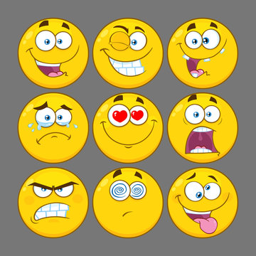 Funny Yellow Cartoon Emoji Face Series Character Set 1. Collection With Gray Background