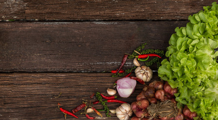 ingredients on wood background. Vegetarian food, health or cooking concept. copy space for your text