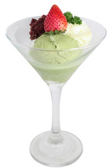 Green tea ice cream and red beans Japan has strawberry in glass isolated white background