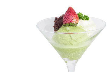 Green tea ice cream and red beans Japan has strawberry in glass isolated white background
