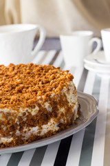 Homemade delicious honey cake with crumb. White tea set on background. Selective focus