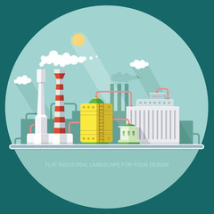 industry manufactory building. Factories producing oil and gas, metals and rubber, energy and power. Destroys nature. Icon of eco friendly factories. Flat Vector background illustration