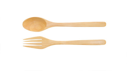Wooden spoon and fork on a white background.