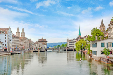 Fototapeta na wymiar Zurich downtown, Limmatquai with Grossmunster, Fraumunster and St. Peter church