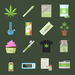 Marijuana equipment and accessories for smoking, storing and growing medical cannabis. Colorful ganja vector icon set flat style