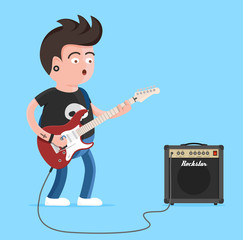 Young man character singing and playing the electric guitar. Punk rock star with guitar and amplifier.