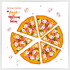 Vector illustration of appetizing pizza with mushrooms and bacon. Colorful and tasty.
