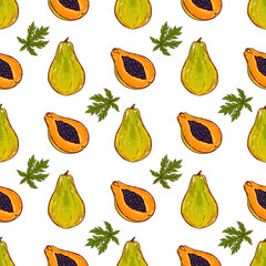 Pretty seamless pattern made of sliced and full papayas. Colorful and tasty.