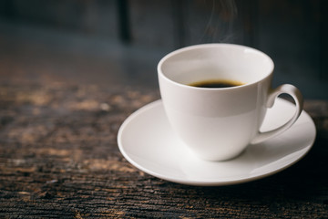 Hot Coffee, Espresso Coffee cup. White coffee cup on wood table.