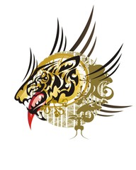 Wild animal textured symbol. Tribal unusual aggressive wolf head formed by the head of an eagle against colorful textured backdrop