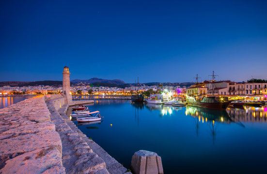 Rethymno city at Crete island in Greece. The old venetian harbor at night. 