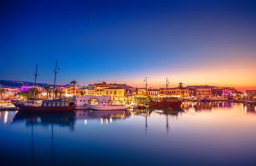 Rethymno city at Crete island in Greece. The old venetian harbor at night. 