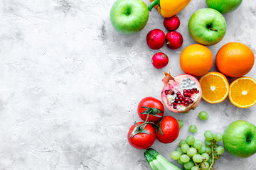 summer food with fresh fruits and vegetables top view space for text