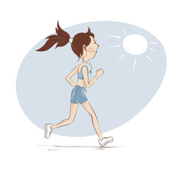 Morning running / Young woman is engaged in running, funny vector illustration
