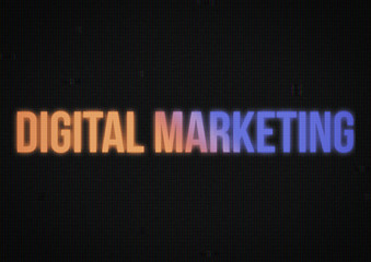 Phrase Digital Marketing on dark screen with glitch old tv effect.