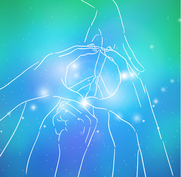 Contour illustration of human hands, sign of peace and sparks on blurred background. Gesture. Unity. Vector illustration for your creativity