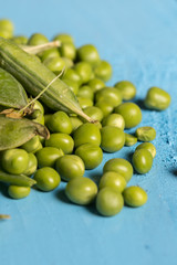 Flat lay pile of fresh green peas closeup macro