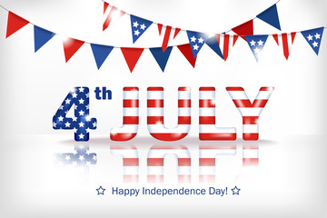 Obraz premium Greeting banner Independence Day of America. Horizontal white background with a dimensional inscription 4 July painted in the colors of the national flag. Stock vector illustration.