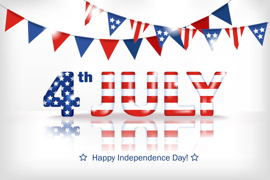 Greeting banner Independence Day of America. Horizontal white background with a dimensional inscription 4 July painted in the colors of the national flag. Stock vector illustration.