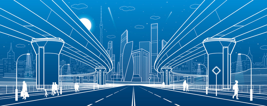 Road overpass. Big highway. Transport bridge. Urban infrastructure, modern city on background, industrial architecture. People go. Towers and skyscrapers. White lines illustration, vector design art 