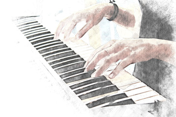 Beautiful woman playing piano keyboard on watercolor painting background. 