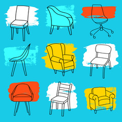Vector colorful set of chairs. Brush stroke background. Hand-drawn style
