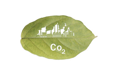 factory industrial and co2 text on green leaf isolated on white background.