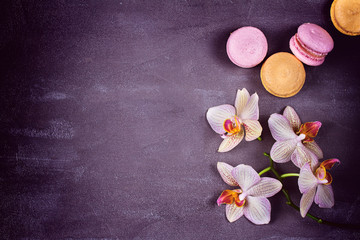 Orchids and cake macaron or macaroon on gray background from above. Flat lay, top view. Flower and cookie still life. Soft pink toning, copy space