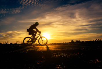 Silhouette of cyclists riding   bikes  on road at sunset.