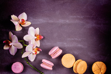 Obraz na płótnie Canvas Orchids and cake macaron or macaroon on gray background from above. Flat lay, top view. Flower and cookie still life. Soft pink toning, copy space