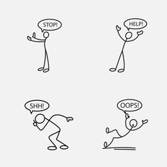 Cartoon icon of sketch stick figure in cute miniature scenes.