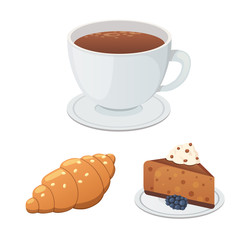 Cup of coffee, cappuccino, latte and chocolate food. Sweet deserts time.