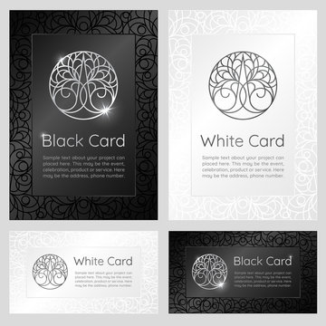 Black and white vintage banners with ornaments, logo and text.