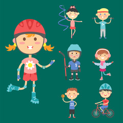 Young kids sportsmens future roller skates gymnastics children sport players vector illustration.