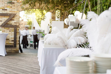 Blurred background, professional waiters on duty. Outdoor party with finger food. Catering service.