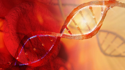 DNA strand and red Blood Cells Concept 3D rendering