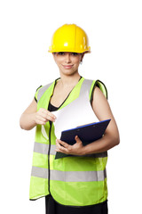 Isolated Safety Gear Woman with Clipboard