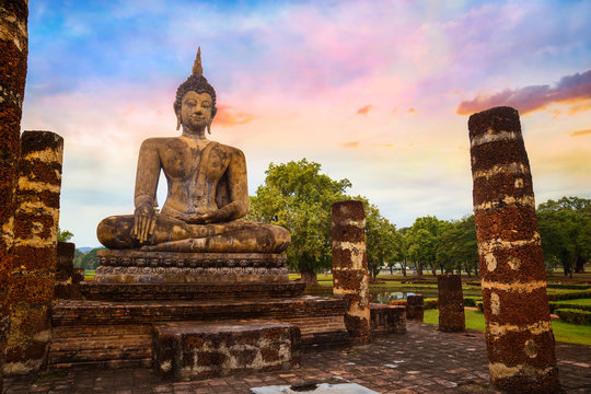 Wat Mahathat Temple at  Sukhothai Historical Park, a UNESCO World Heritage Site in Thailand