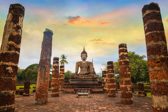 Wat Mahathat Temple at  Sukhothai Historical Park, a UNESCO World Heritage Site in Thailand