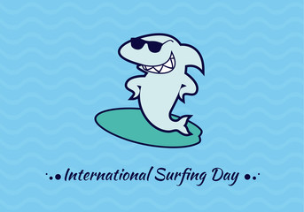 International Surfing Day vector. Cartoon character surfing shark. Important day