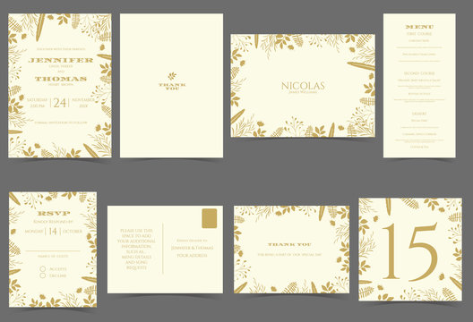 Set of Wedding Invitation Card. Gold Flowers Luxury on White Background Concept.Vector/Illustration