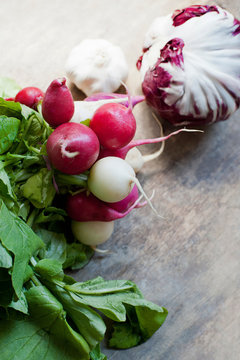 Radishes and red cabbage, close up