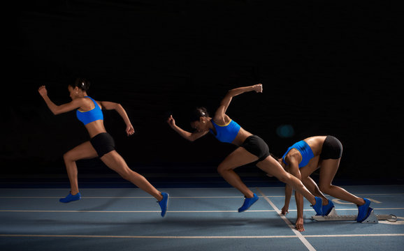 Young female athlete starting race, multiple exposure