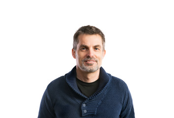 Fototapeta premium Mature hipster man in blue sweater. Studio shot, isolated.