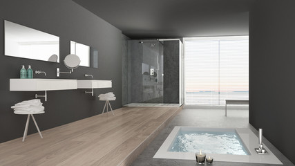 Minimalist white and gray bathroom with bath tub and panoramic window, classic interior design