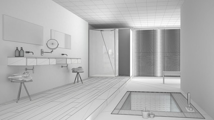 Unfinished project of minimalist white and gray bathroom with bath tub and panoramic window, sketch abstract interior design